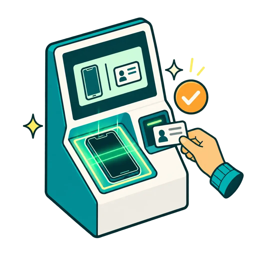 Phone and photo ID being scanned at a self-service phone buyback kiosk