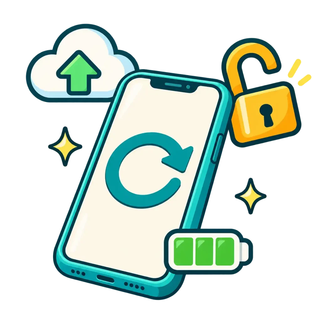 Phone preparation icons showing data backup, activation lock removal, factory reset and battery charge